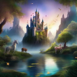 A magical and enchanting scene from a fantasy movie featuring a mystical forest with glowing plants, a sparkling river, and a majestic castle in the background