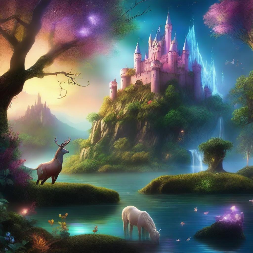 A magical and enchanting scene from a fantasy movie featuring a mystical forest with glowing plants, a sparkling river, and a majestic castle in the background