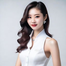 A cute 20-year-old Chinese model wearing a stylish white casino dealer outfit