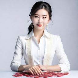 A cute 20-year-old Chinese model wearing a stylish white casino dealer outfit