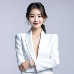 A cute 20-year-old Chinese model wearing a stylish white casino dealer outfit