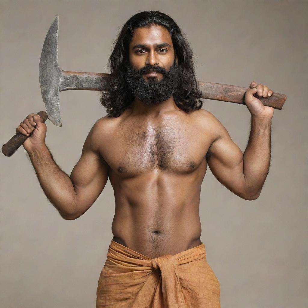 An athletically-built Indian man with a darker skin tone, sporting moderately long, thick hair and a beard, brandishing two short axes.