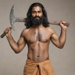 An athletically-built Indian man with a darker skin tone, sporting moderately long, thick hair and a beard, brandishing two short axes.