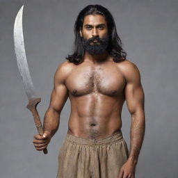 An athletically-built Indian man with a darker skin tone, sporting moderately long, thick hair and a beard, brandishing two short axes.