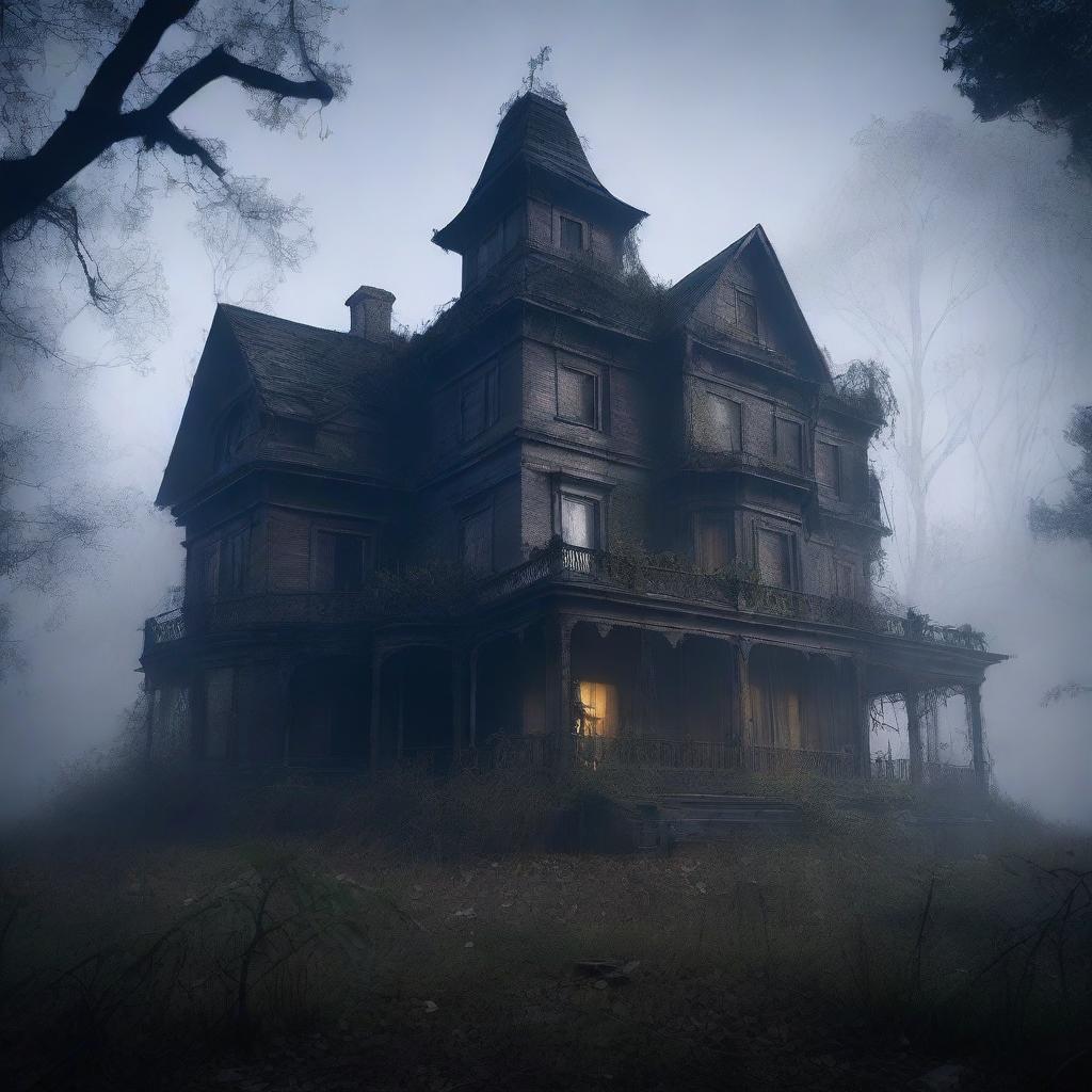 A mysterious and eerie scene titled 'Whispers in the Shadows' featuring a haunted mansion