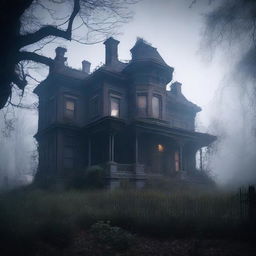 A mysterious and eerie scene titled 'Whispers in the Shadows' featuring a haunted mansion