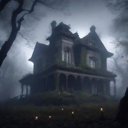 A mysterious and eerie scene titled 'Whispers in the Shadows' featuring a haunted mansion