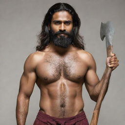 An athletically-built Indian man with a darker skin tone, sporting moderately long, thick hair and a beard, brandishing two short axes.