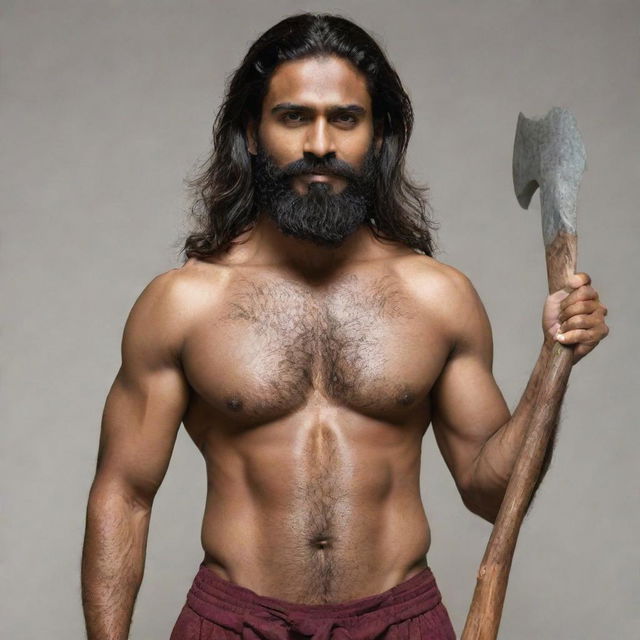 An athletically-built Indian man with a darker skin tone, sporting moderately long, thick hair and a beard, brandishing two short axes.