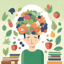 An illustration of a person surrounded by books, puzzles, and brain-boosting foods like nuts and berries, with a glowing brain above their head to symbolize enhanced memory and cognitive function