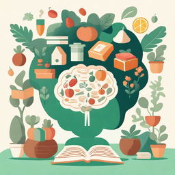 An illustration of a person surrounded by books, puzzles, and brain-boosting foods like nuts and berries, with a glowing brain above their head to symbolize enhanced memory and cognitive function