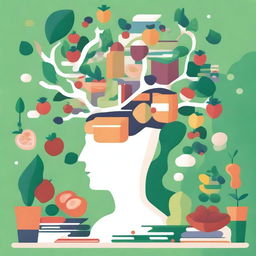 An illustration of a person surrounded by books, puzzles, and brain-boosting foods like nuts and berries, with a glowing brain above their head to symbolize enhanced memory and cognitive function