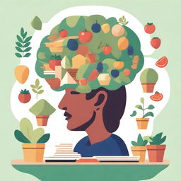 An illustration of a person surrounded by books, puzzles, and brain-boosting foods like nuts and berries, with a glowing brain above their head to symbolize enhanced memory and cognitive function