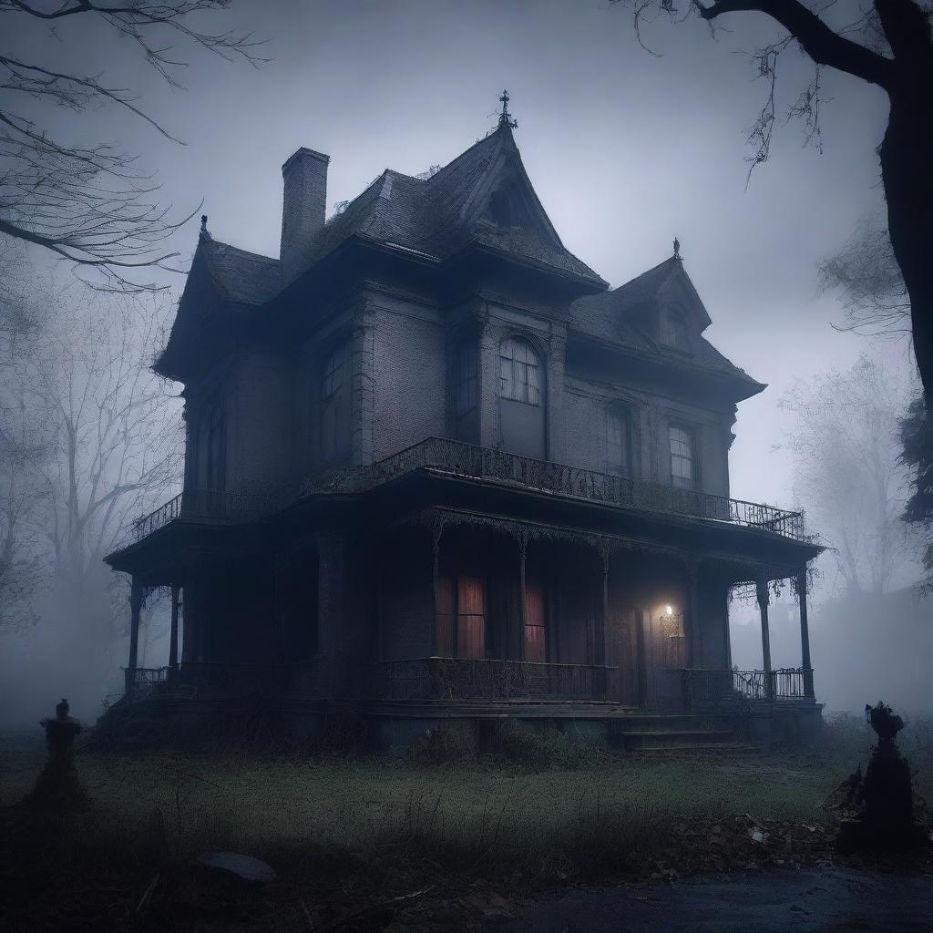 A dark and eerie scene titled 'Whispers in the Shadows' featuring a haunted mansion