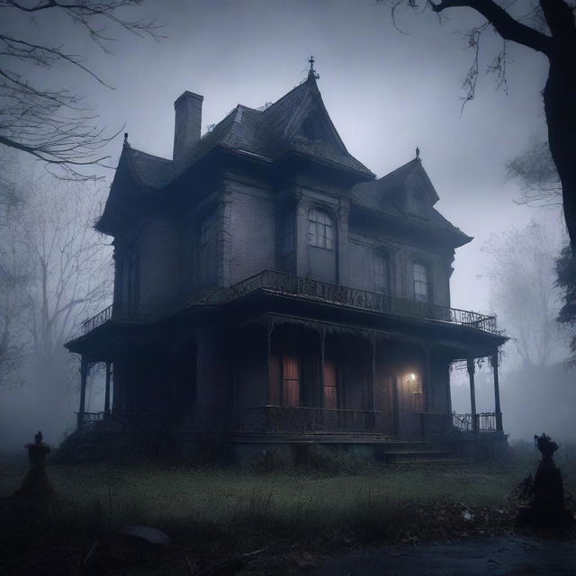 A dark and eerie scene titled 'Whispers in the Shadows' featuring a haunted mansion