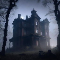 A dark and eerie scene titled 'Whispers in the Shadows' featuring a haunted mansion