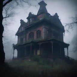 A dark and eerie scene titled 'Whispers in the Shadows' featuring a haunted mansion