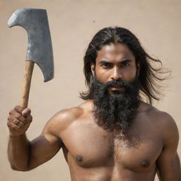 An athletically-built Indian man with a darker skin tone, sporting moderately long, thick hair and a beard, brandishing two short axes.