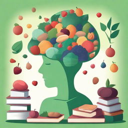 An illustration of a person surrounded by books, puzzles, and brain-boosting foods like nuts and berries, with a glowing brain above their head to symbolize enhanced memory and cognitive function