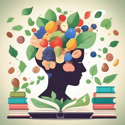 An illustration of a person surrounded by books, puzzles, and brain-boosting foods like nuts and berries, with a glowing brain above their head to symbolize enhanced memory and cognitive function