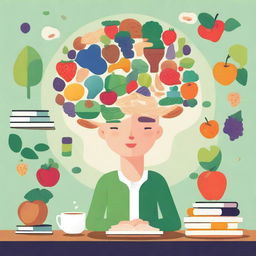 An illustration of a person surrounded by books, puzzles, and brain-boosting foods like nuts and berries, with a glowing brain above their head to symbolize enhanced memory and cognitive function