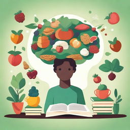 An illustration of a person surrounded by books, puzzles, and brain-boosting foods like nuts and berries, with a glowing brain above their head to symbolize enhanced memory and cognitive function