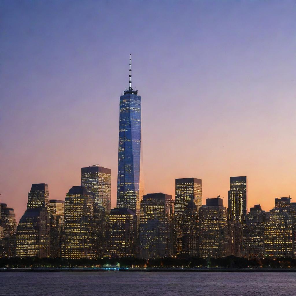 The Freedom Tower, also known as One World Trade Center, in New York City standing tall against the skyline at dusk, with city lights beginning to twinkle.