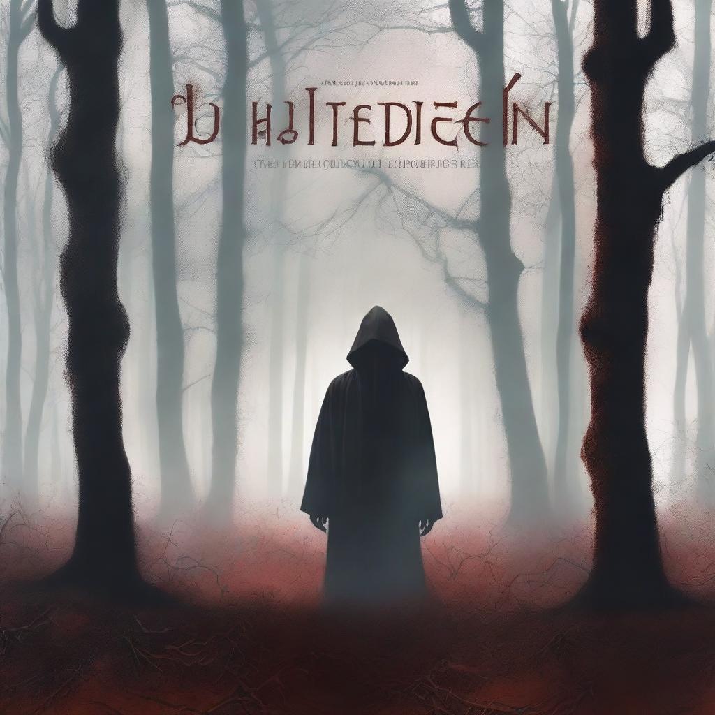 A chilling horror book cover design featuring a dark, eerie forest with twisted trees and a foggy atmosphere