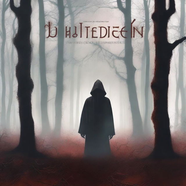 A chilling horror book cover design featuring a dark, eerie forest with twisted trees and a foggy atmosphere