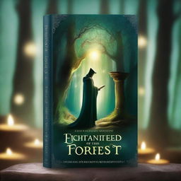 A captivating book cover featuring an enchanted forest with mysterious glowing lights, a shadowy figure in the background, and an ancient, magical tome resting on a stone pedestal