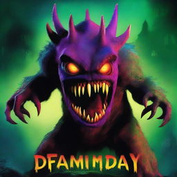 A scary monster with vibrant colors, featuring sharp teeth and glowing eyes, on the cover of a book