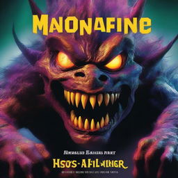 A scary monster with vibrant colors, featuring sharp teeth and glowing eyes, on the cover of a book