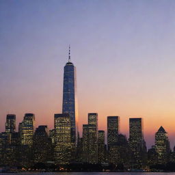 The Freedom Tower, also known as One World Trade Center, in New York City standing tall against the skyline at dusk, with city lights beginning to twinkle.