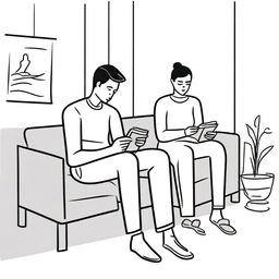 A minimalist line art illustration of a man taking a photograph of a woman who is sitting and reading a book