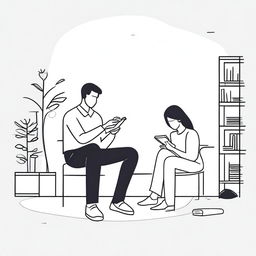 A minimalist line art illustration of a man taking a photograph of a woman who is sitting and reading a book