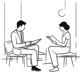 A minimalist line art illustration of a man taking a photograph of a woman who is sitting and reading a book