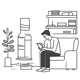 A minimalist line art illustration of a man taking a photograph of a woman who is sitting and reading a book