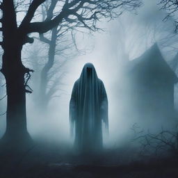 A chilling horror-themed book cover featuring a ghostly figure