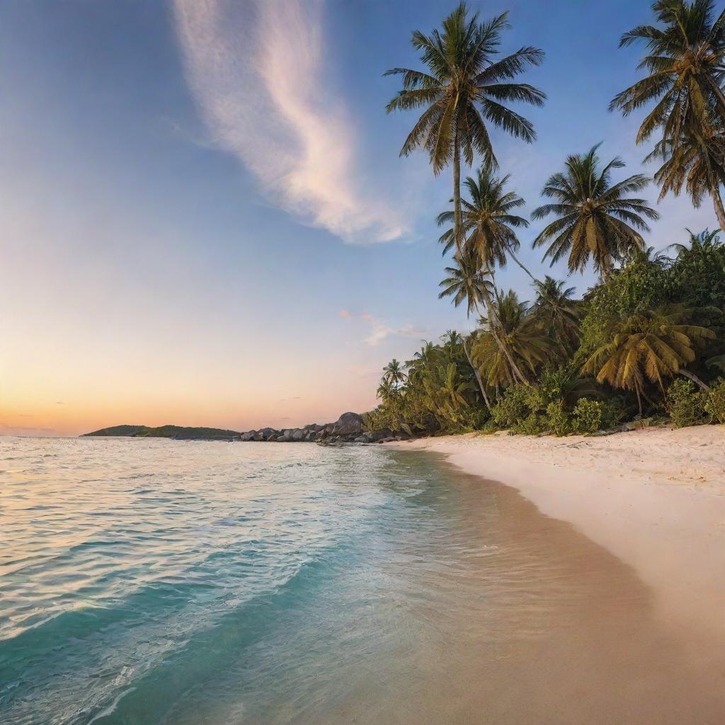 A serene beach setting at sunset with crystal clear water and towering palm trees