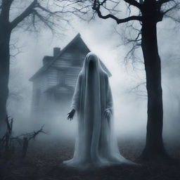 A chilling horror-themed book cover featuring a ghostly figure