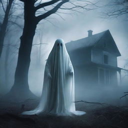 A chilling horror book cover featuring a ghost