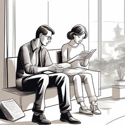 A detailed illustration of a man with a camera taking a photograph of a woman who is sitting and reading a book