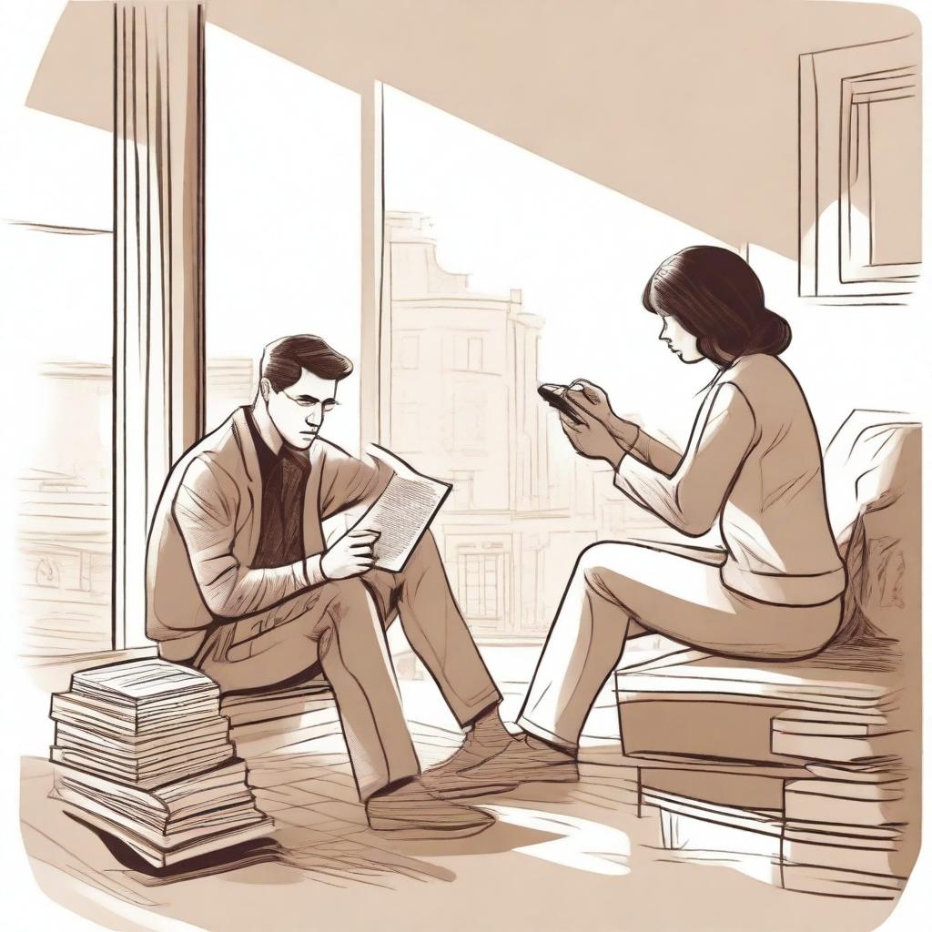 A detailed illustration of a man with a camera taking a photograph of a woman who is sitting and reading a book