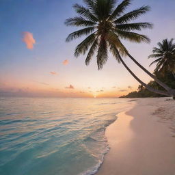 A serene beach setting at sunset with crystal clear water and towering palm trees