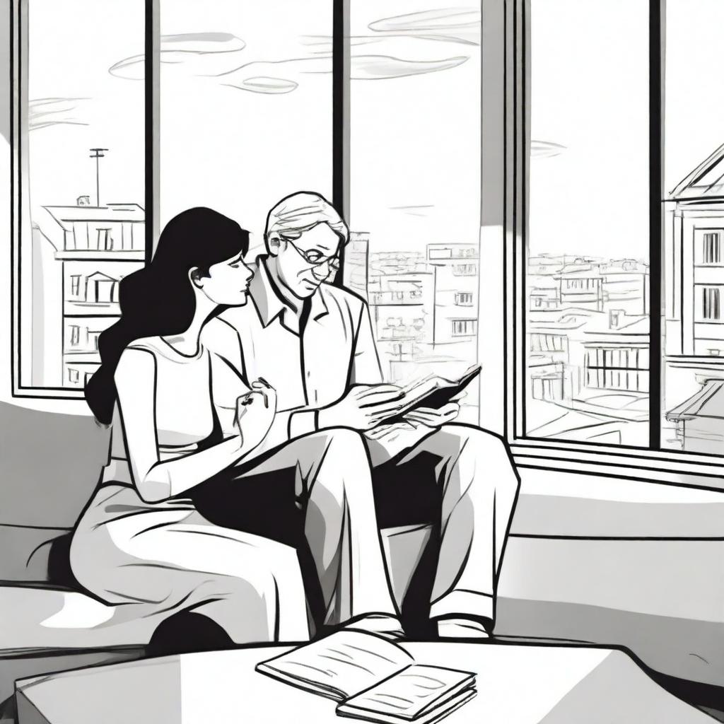 A touching illustration depicting a one-sided love story where a man with a camera is taking a photograph of a woman who is sitting and reading a book