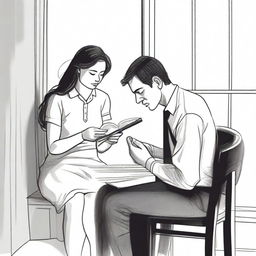 A touching illustration depicting a one-sided love story where a man with a camera is taking a photograph of a woman who is sitting and reading a book