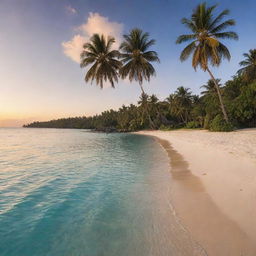 A serene beach setting at sunset with crystal clear water and towering palm trees