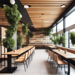 A modern cafeteria designed with a combination of natural foliage and wood elements, complemented by a sleek steel structure