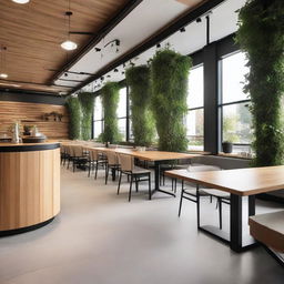 A modern cafeteria designed with a combination of natural foliage and wood elements, complemented by a sleek steel structure