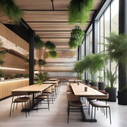 A modern cafeteria designed with a combination of natural foliage and wood elements, complemented by a sleek steel structure